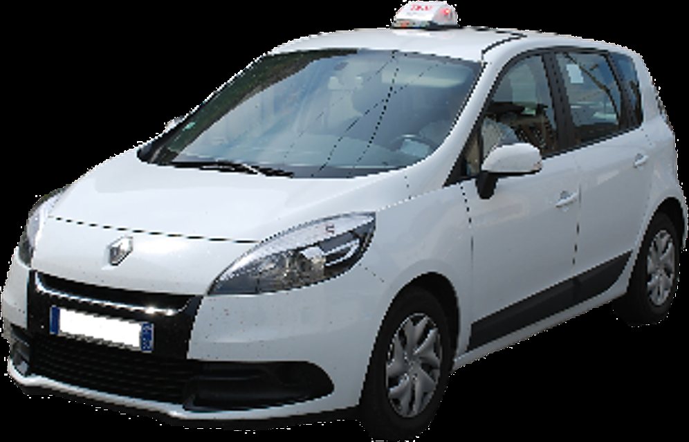 Monospace Renault blanc équipé d’un panneau lumineux sur le toit
