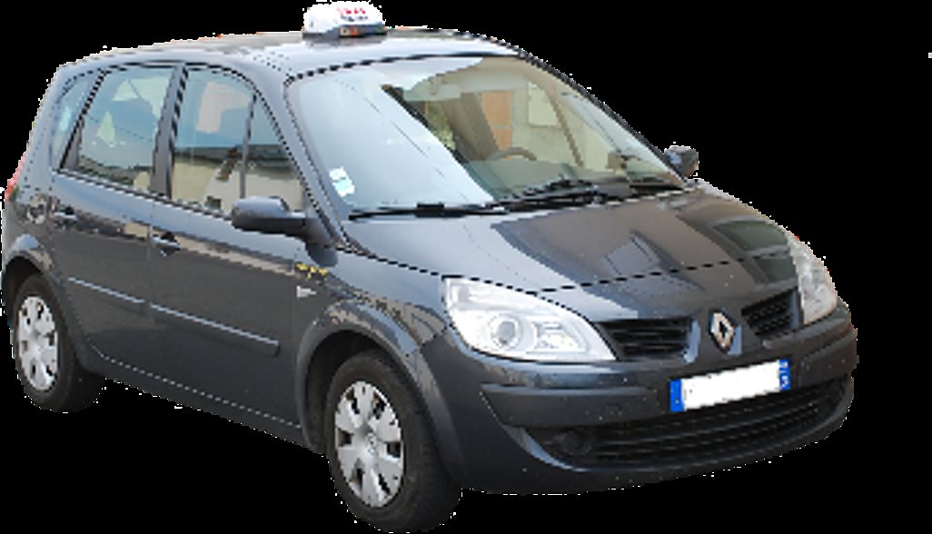 Monospace Renault gris foncé surmonté d’un panneau lumineux de taxi