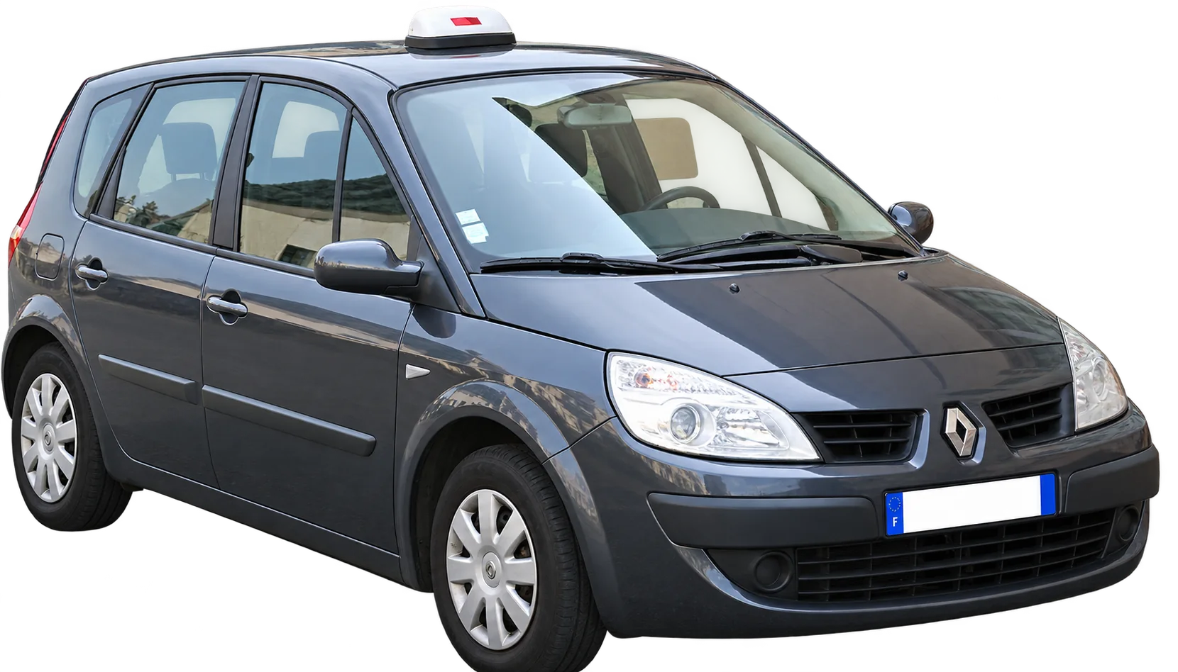 Monospace Renault gris foncé de Taxi Rignon, vu de trois quarts avant