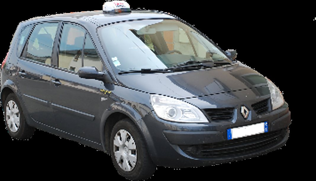 Monospace Renault gris foncé avec un panneau de taxi sur le toit, vu de trois quarts avant