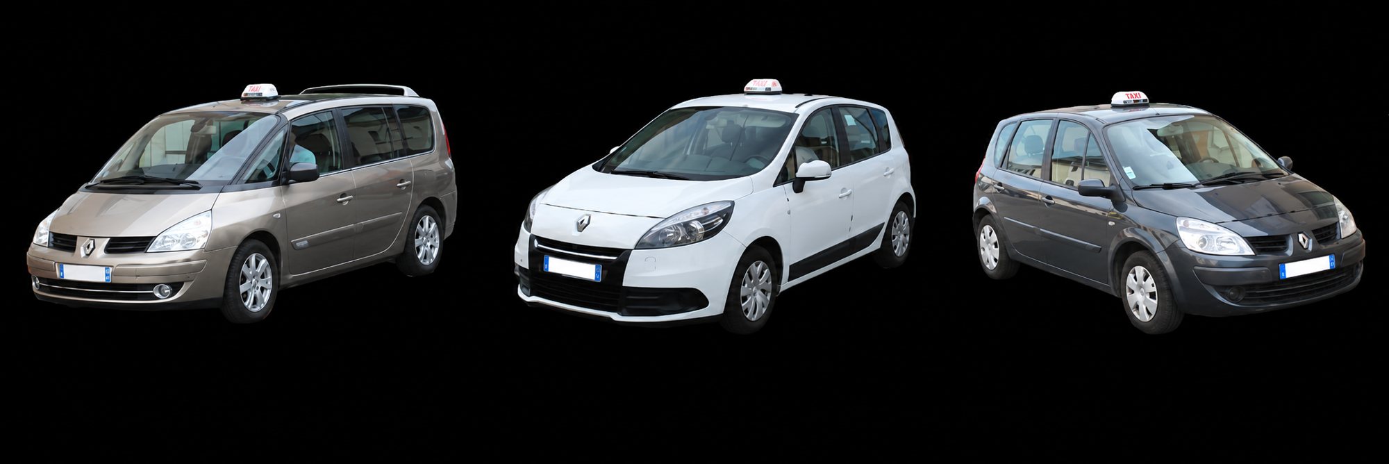 Trois monospaces Renault équipés d’un lumineux de taxi sur le toit : un beige, un blanc et un gris foncé